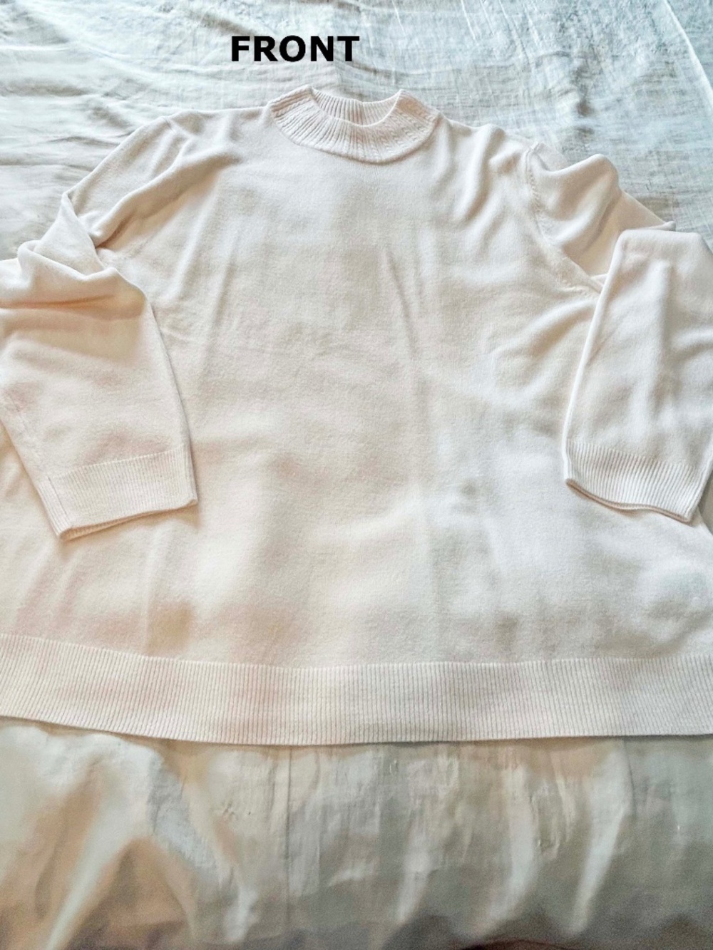 SWEATER, ROUND NECK, VANILLA, SIZE 3X, LOVELY DESIGN ON NECK, RIBBED CUFFS & HEM